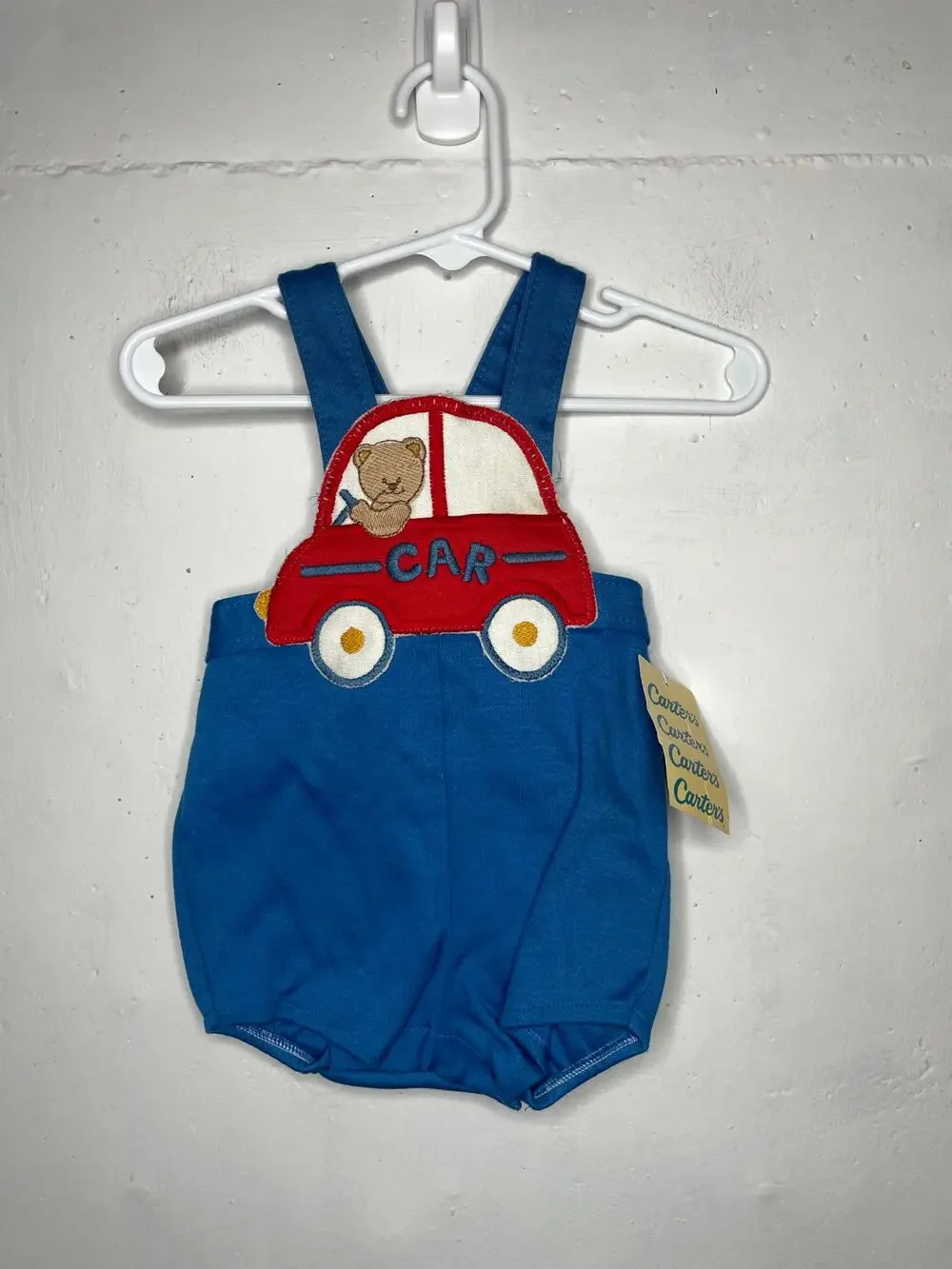 NEW Vintage Carters Teddy Bear in Car Blue Overalls Shortalls Romper Size 18 Mo